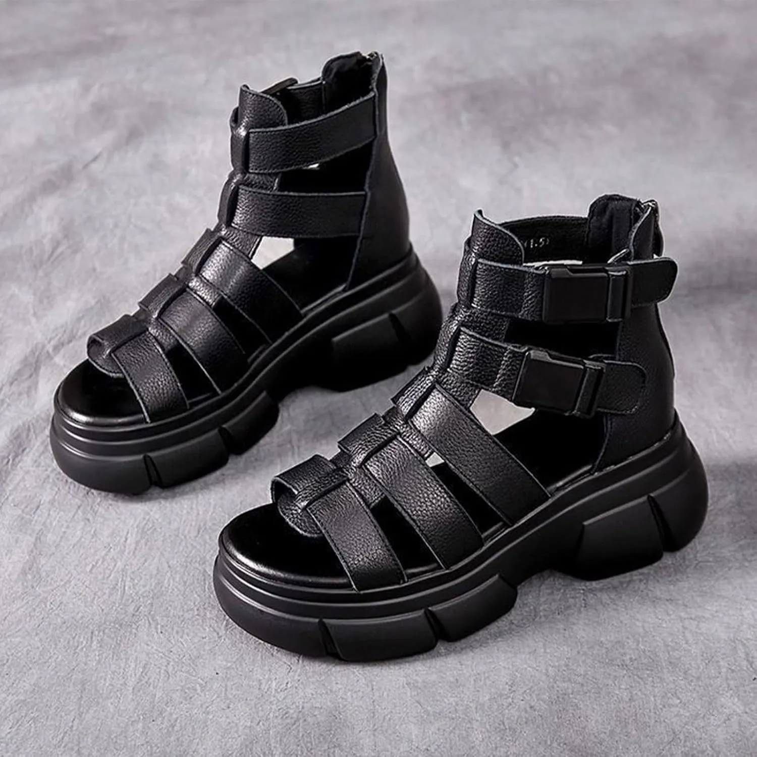 Crepuscute Women's Platform Wedge High Top Gladiator Sandal Adjustable Zipper with Buckle open toe Caged Roman Sandals Breathable Round Toe Casual Wedge Heel Dress Shoes