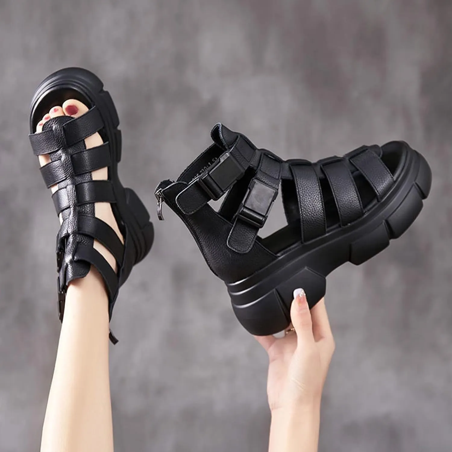 Crepuscute Women's Platform Wedge High Top Gladiator Sandal Adjustable Zipper with Buckle open toe Caged Roman Sandals Breathable Round Toe Casual Wedge Heel Dress Shoes