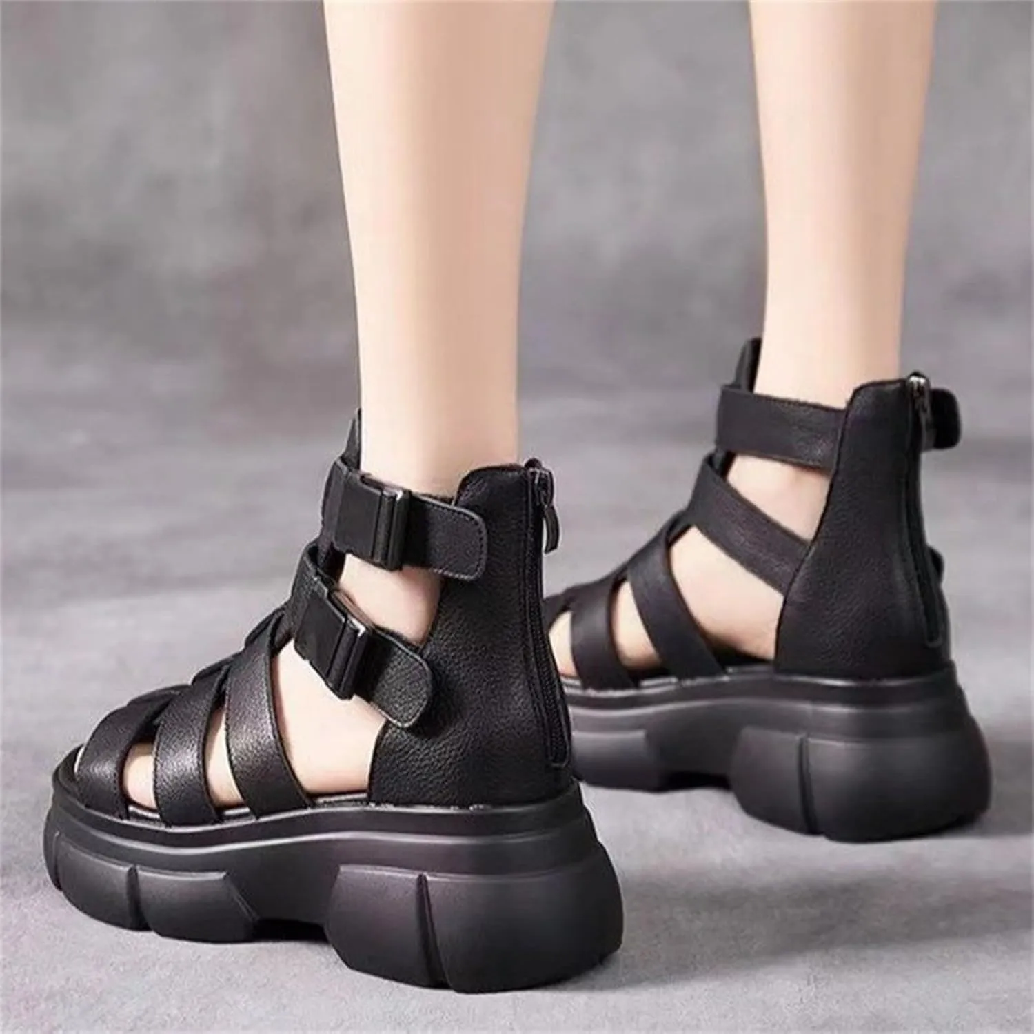 Crepuscute Women's Platform Wedge High Top Gladiator Sandal Adjustable Zipper with Buckle open toe Caged Roman Sandals Breathable Round Toe Casual Wedge Heel Dress Shoes