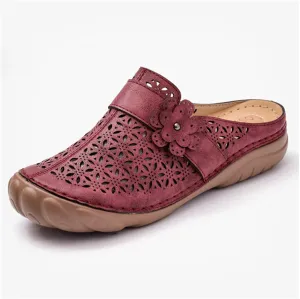 Cut-Outs Women Shoes Women's Baotou Slippers Summer Comfortable Retro Flower Flat Sandals Plus Size Genuine Leather Lady Slides Shoes (Color : Red, Shoe Size : 9)