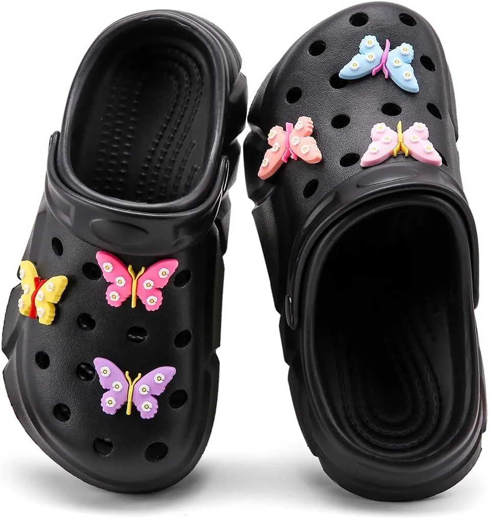 Cute Butterfly-Themed Lightweight Girls' Clogs, Platform Soft Sole Closed Toe EVA Home Garden Clog Shoes, Two-Way Wear Breathable Beach Clogs, Trendy Non-Slip Slip-On Sandals