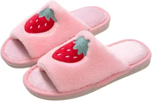 Cute Strawberry Slippers for Women Indoor Home Plush Cotton Cherry Non-Slip Slides Open Toe House Shoes Soft Sole Bedroom