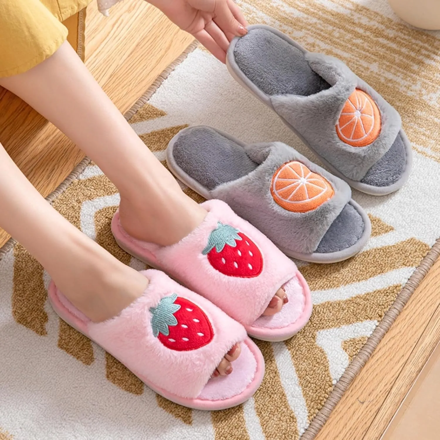 Cute Strawberry Slippers for Women Indoor Home Plush Cotton Cherry Non-Slip Slides Open Toe House Shoes Soft Sole Bedroom