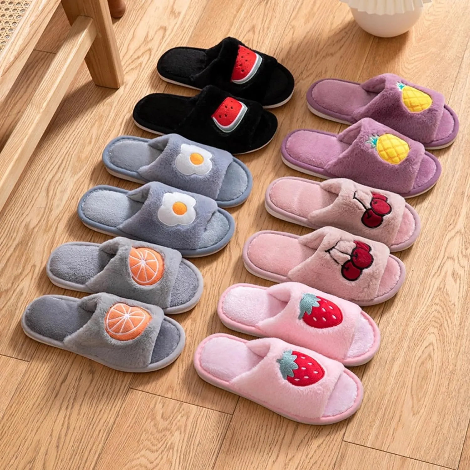 Cute Strawberry Slippers for Women Indoor Home Plush Cotton Cherry Non-Slip Slides Open Toe House Shoes Soft Sole Bedroom