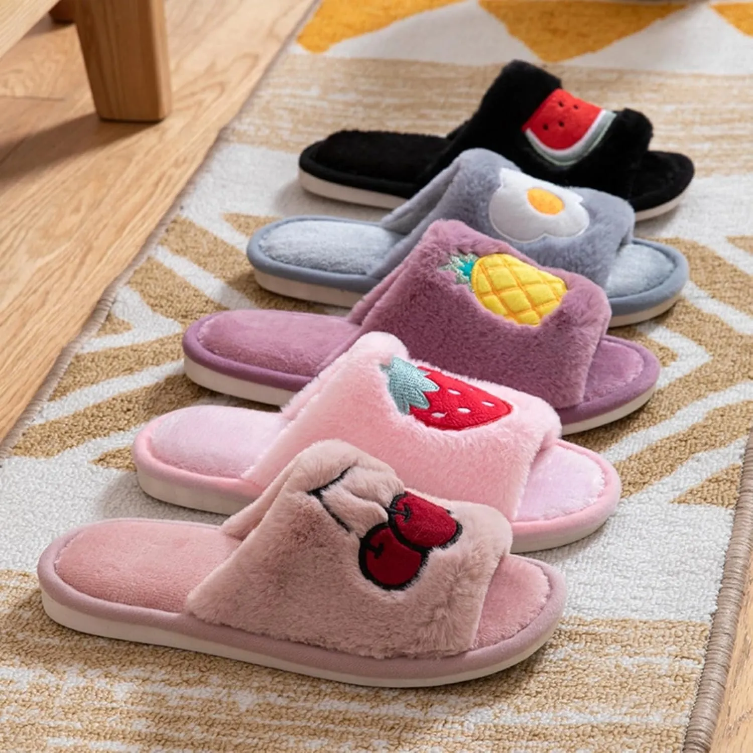 Cute Strawberry Slippers for Women Indoor Home Plush Cotton Cherry Non-Slip Slides Open Toe House Shoes Soft Sole Bedroom