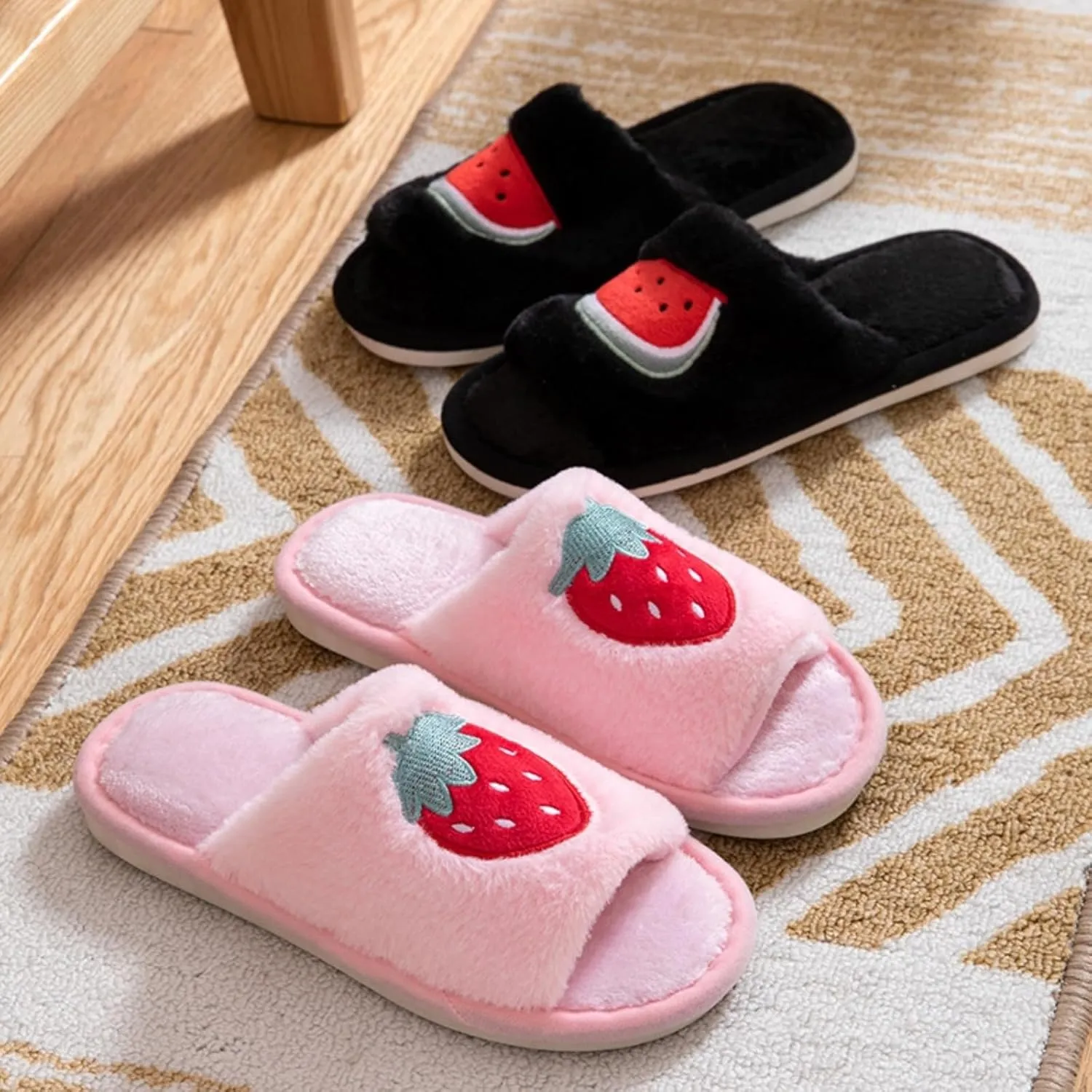 Cute Strawberry Slippers for Women Indoor Home Plush Cotton Cherry Non-Slip Slides Open Toe House Shoes Soft Sole Bedroom
