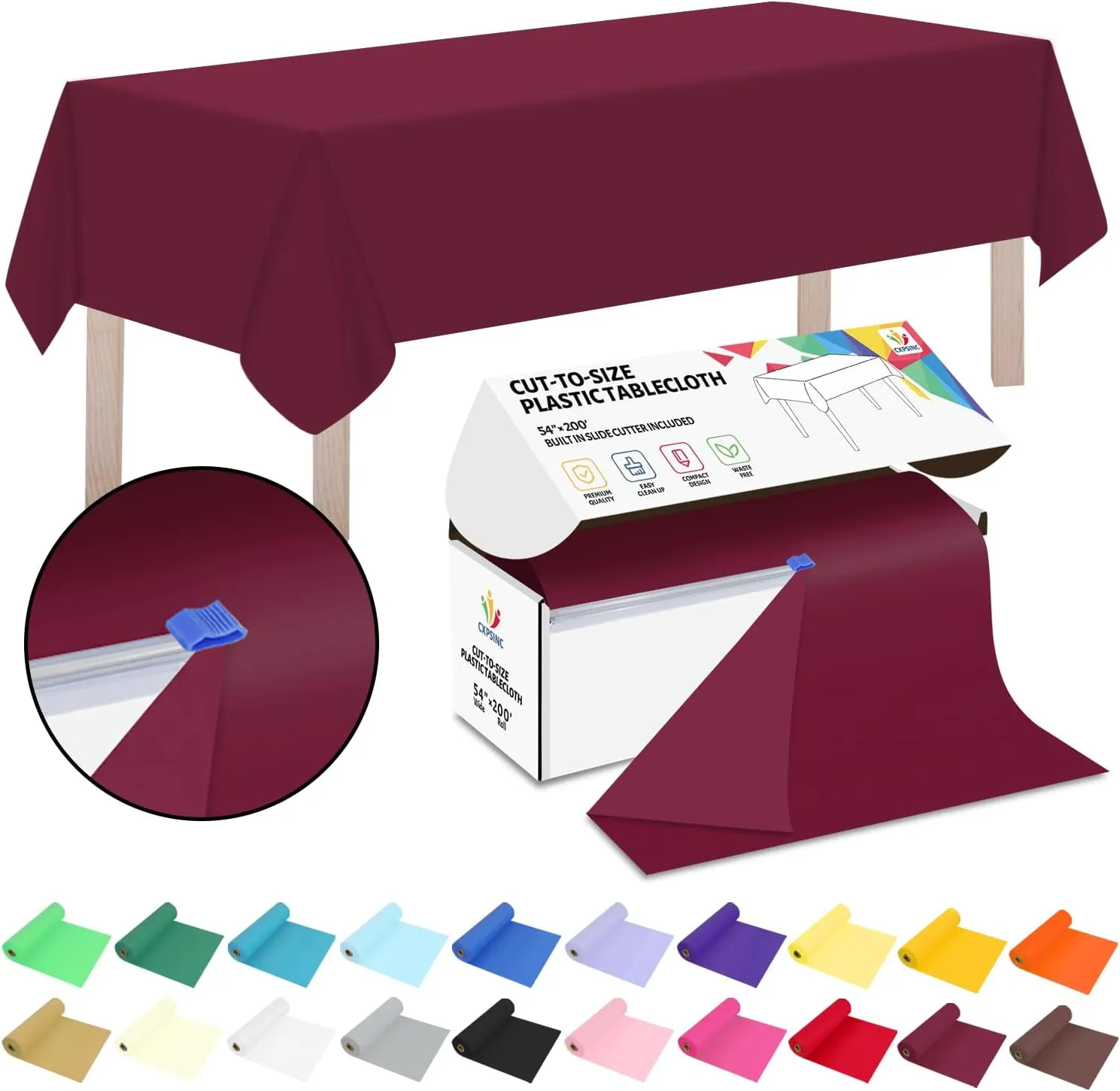 CXPSINC 54 Inch X 200 Feet Plastic Table Cover Roll Disposable Tablecloth with Slide Cutter for All Type/Shape Tables | Picnic, Party, Banquet, Birthdays, Weddings (Burgundy)