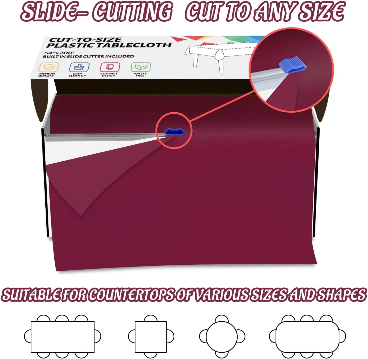 CXPSINC 54 Inch X 200 Feet Plastic Table Cover Roll Disposable Tablecloth with Slide Cutter for All Type/Shape Tables | Picnic, Party, Banquet, Birthdays, Weddings (Burgundy)