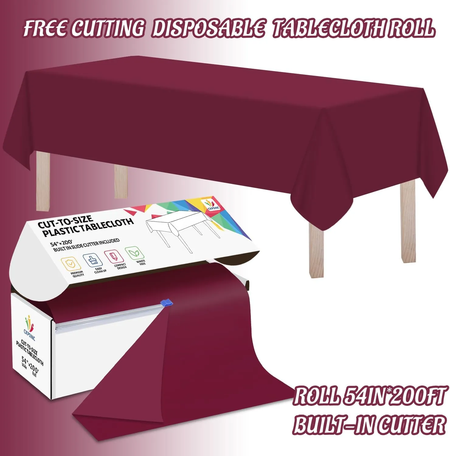CXPSINC 54 Inch X 200 Feet Plastic Table Cover Roll Disposable Tablecloth with Slide Cutter for All Type/Shape Tables | Picnic, Party, Banquet, Birthdays, Weddings (Burgundy)