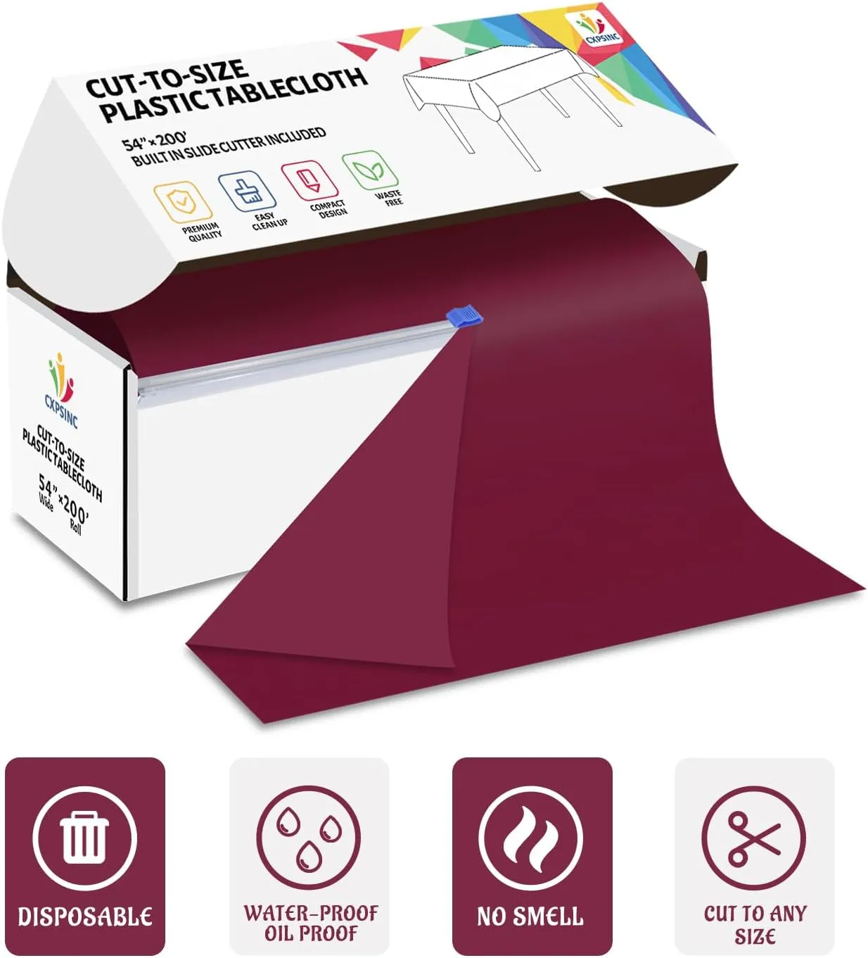 CXPSINC 54 Inch X 200 Feet Plastic Table Cover Roll Disposable Tablecloth with Slide Cutter for All Type/Shape Tables | Picnic, Party, Banquet, Birthdays, Weddings (Burgundy)