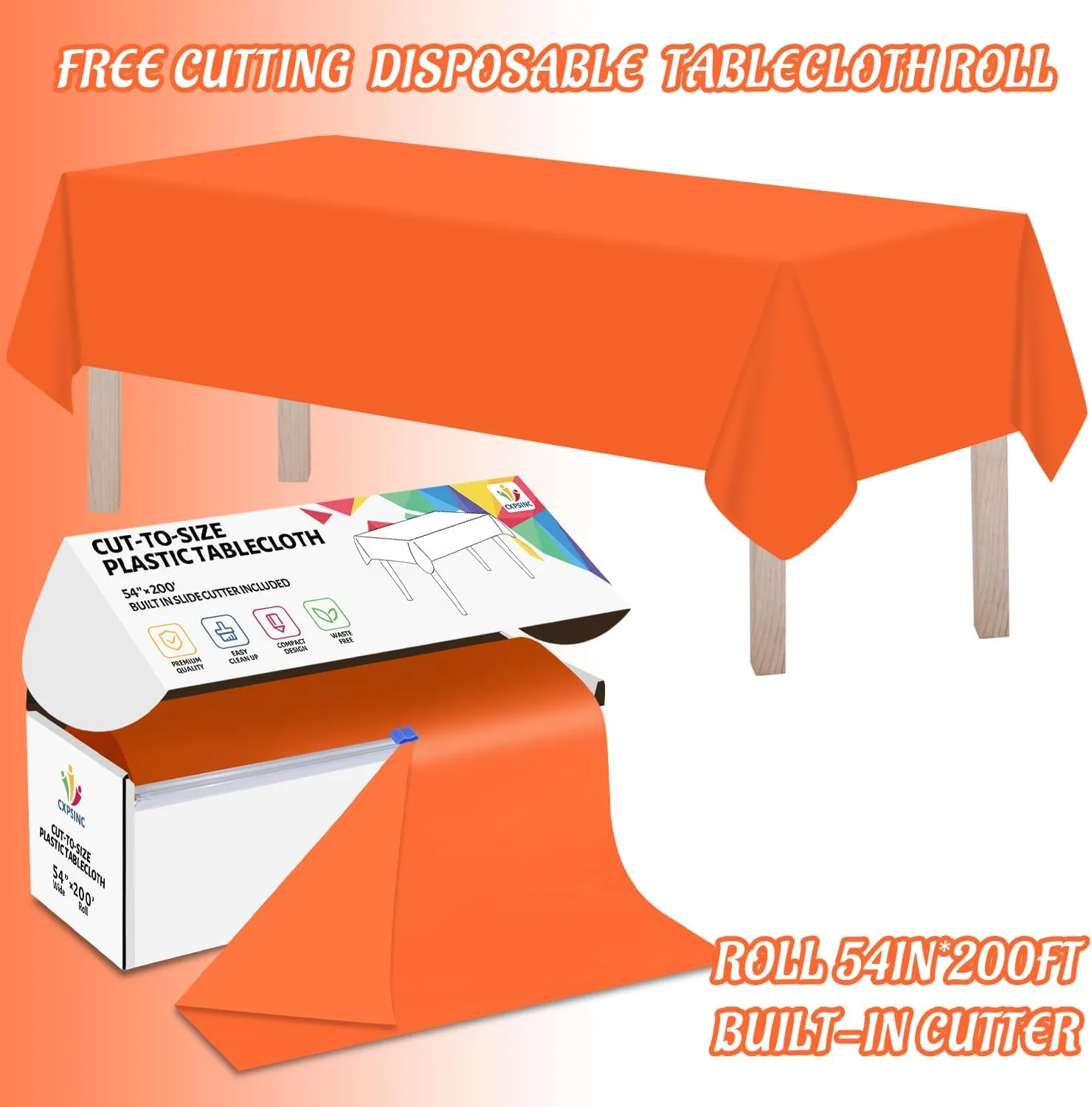 CXPSINC 54 Inch X 200 Feet Plastic Table Cover Roll Disposable Tablecloth with Slide Cutter for All Type/Shape Tables | Picnic, Party, Banquet, Birthdays, Weddings (Orange)