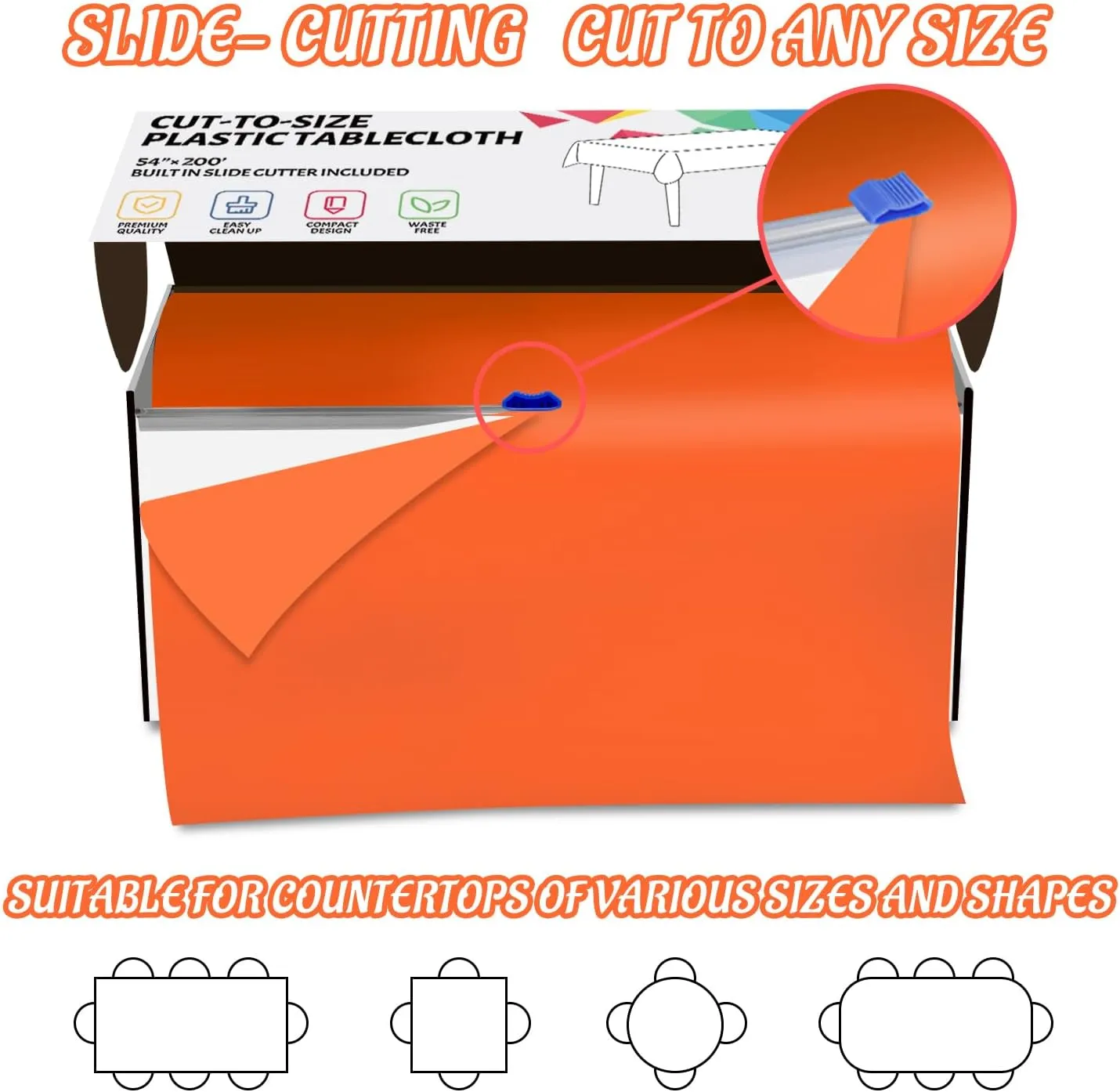 CXPSINC 54 Inch X 200 Feet Plastic Table Cover Roll Disposable Tablecloth with Slide Cutter for All Type/Shape Tables | Picnic, Party, Banquet, Birthdays, Weddings (Orange)