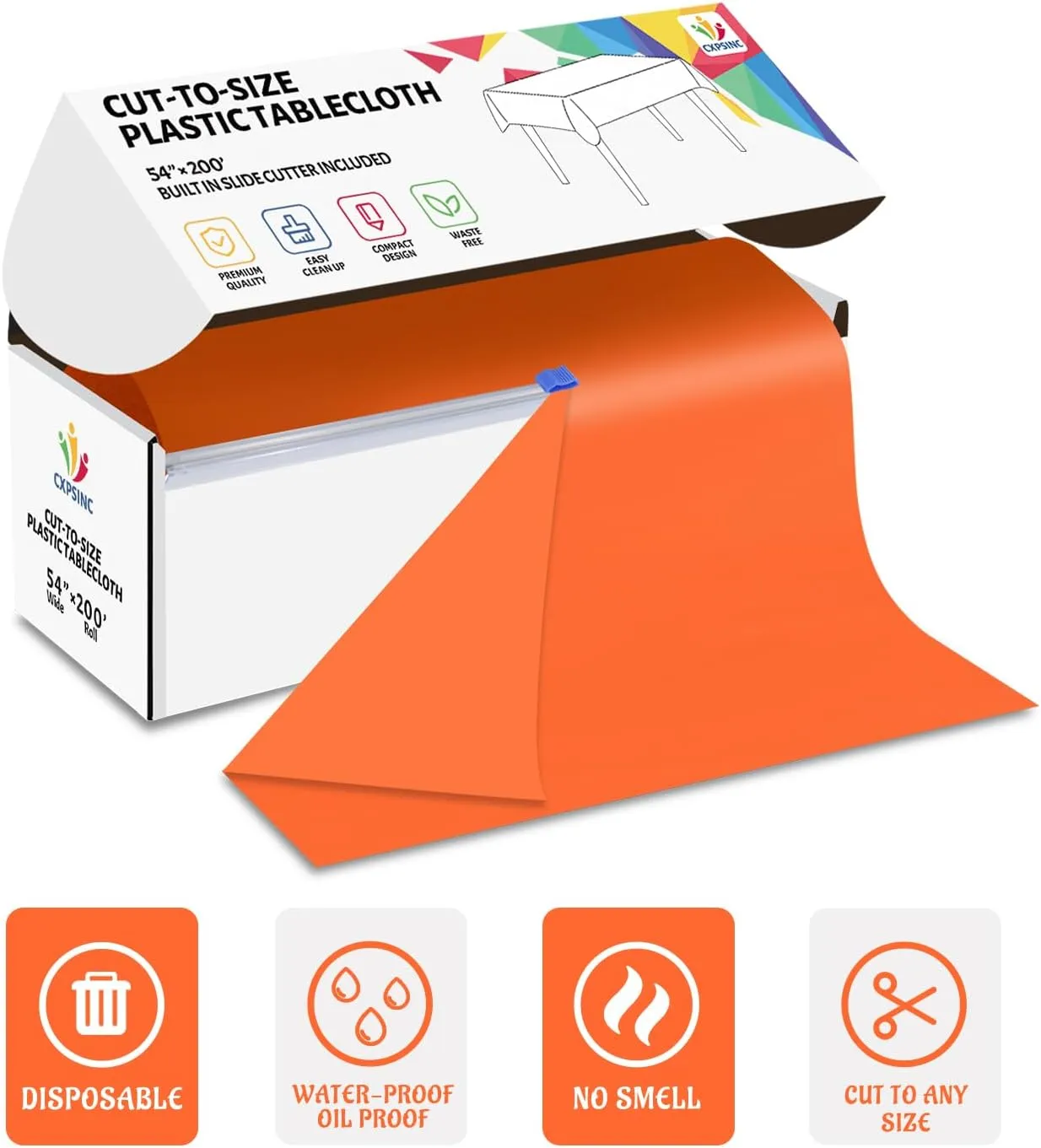 CXPSINC 54 Inch X 200 Feet Plastic Table Cover Roll Disposable Tablecloth with Slide Cutter for All Type/Shape Tables | Picnic, Party, Banquet, Birthdays, Weddings (Orange)
