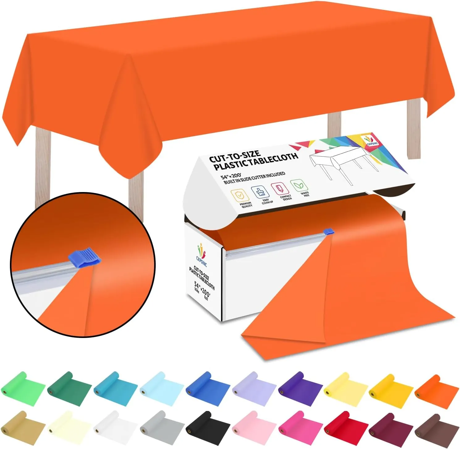 CXPSINC 54 Inch X 200 Feet Plastic Table Cover Roll Disposable Tablecloth with Slide Cutter for All Type/Shape Tables | Picnic, Party, Banquet, Birthdays, Weddings (Orange)