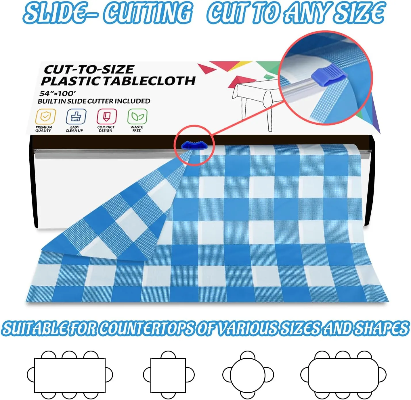 CXPSINC Plastic Table Cover Roll with Slide Cutter, Disposable Tablecloth Roll for Picnic, Party, Banquet, Birthdays, Weddings (Blue Checkered, 54 Inch X 100 Feet)