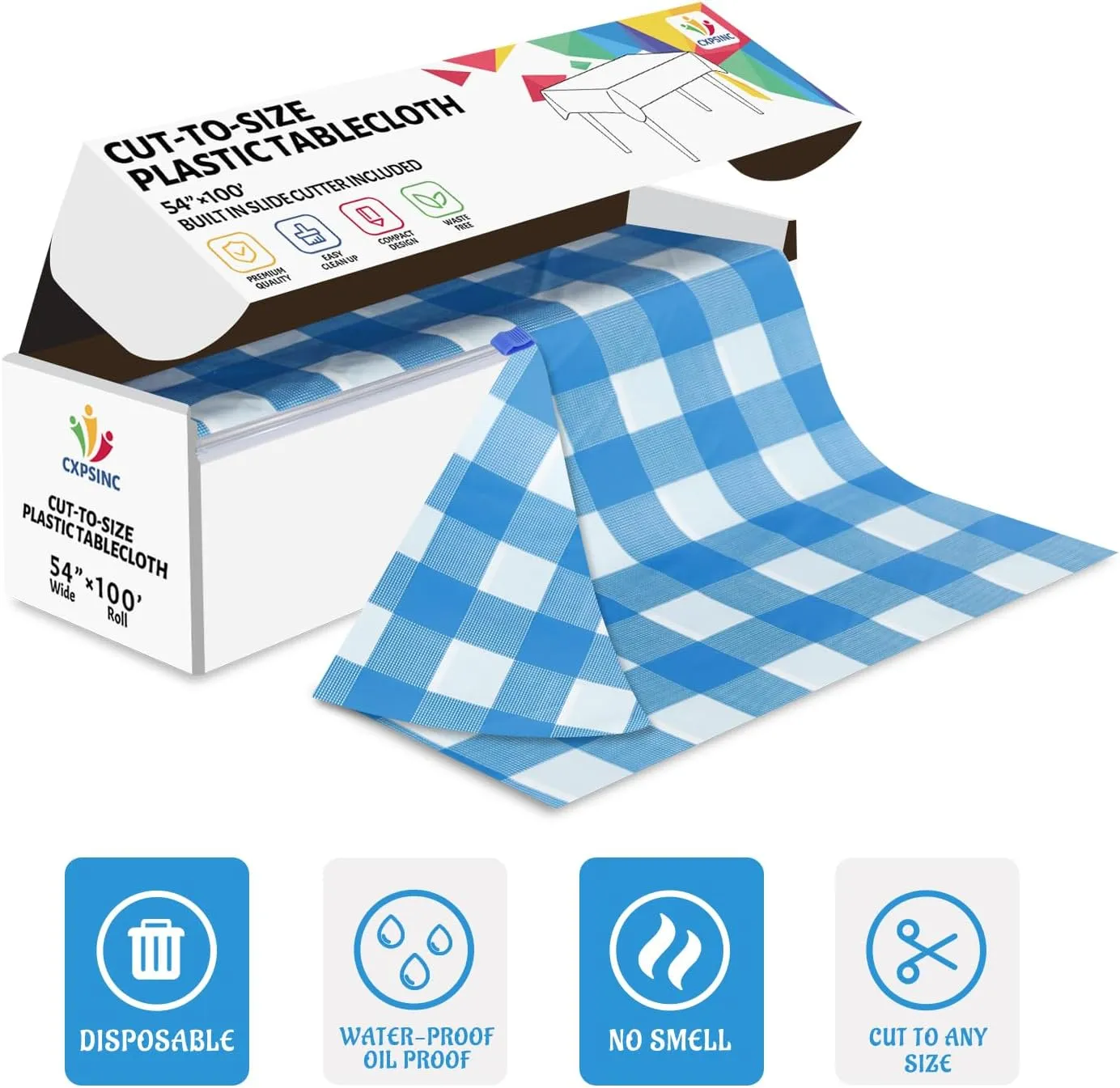 CXPSINC Plastic Table Cover Roll with Slide Cutter, Disposable Tablecloth Roll for Picnic, Party, Banquet, Birthdays, Weddings (Blue Checkered, 54 Inch X 100 Feet)