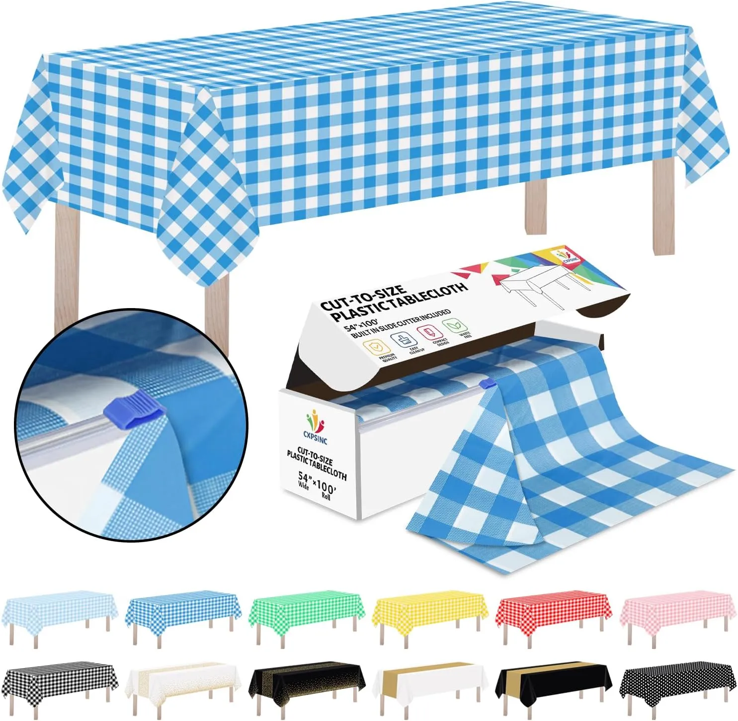 CXPSINC Plastic Table Cover Roll with Slide Cutter, Disposable Tablecloth Roll for Picnic, Party, Banquet, Birthdays, Weddings (Blue Checkered, 54 Inch X 100 Feet)