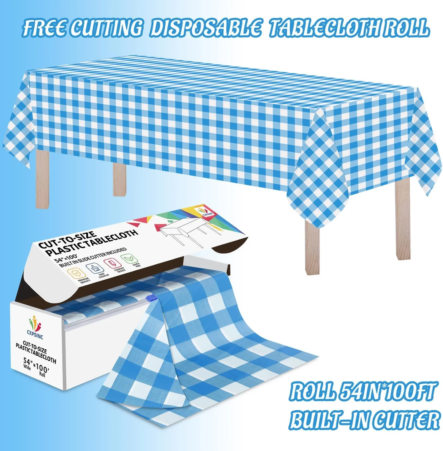 CXPSINC Plastic Table Cover Roll with Slide Cutter, Disposable Tablecloth Roll for Picnic, Party, Banquet, Birthdays, Weddings (Blue Checkered, 54 Inch X 100 Feet)