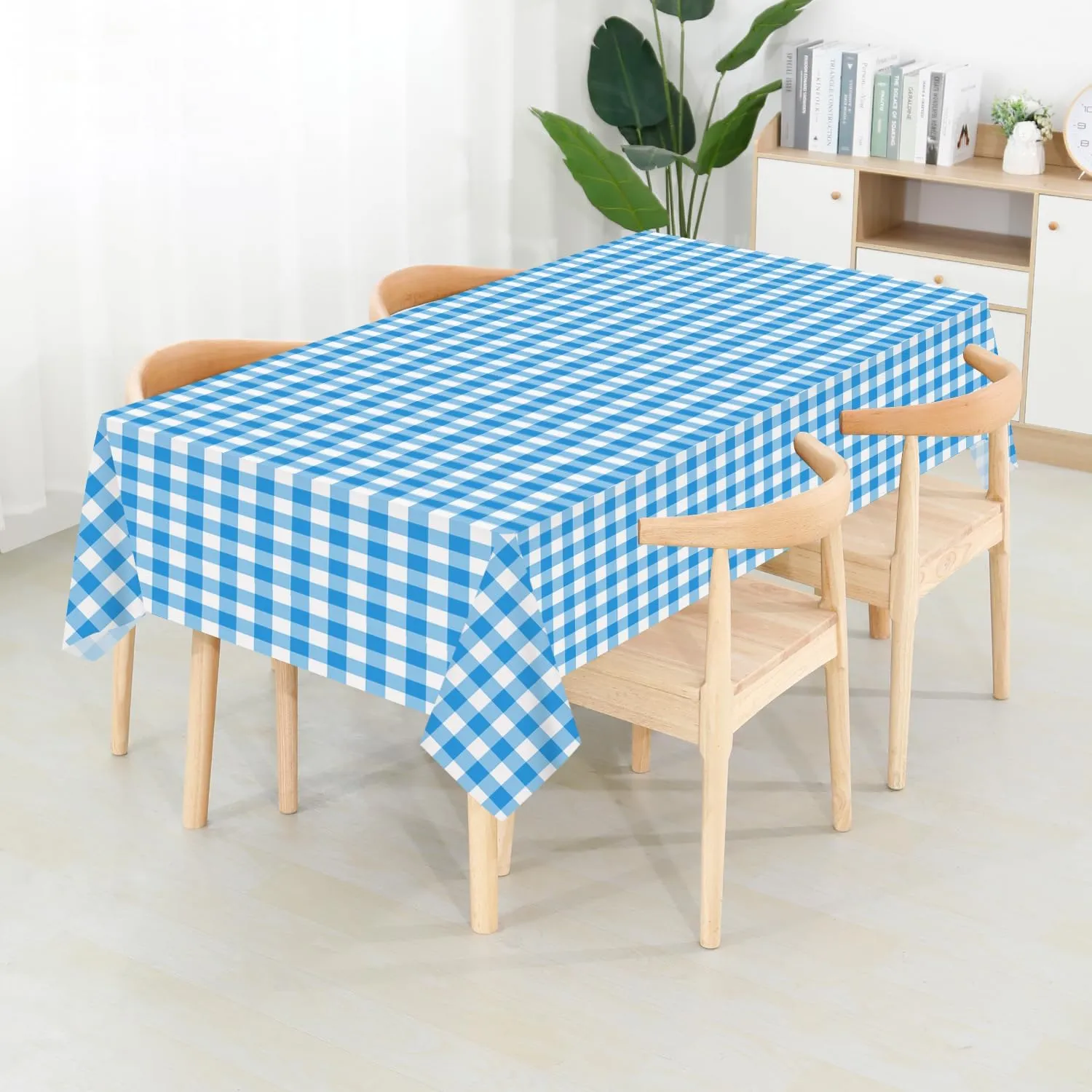 CXPSINC Plastic Table Cover Roll with Slide Cutter, Disposable Tablecloth Roll for Picnic, Party, Banquet, Birthdays, Weddings (Blue Checkered, 54 Inch X 100 Feet)