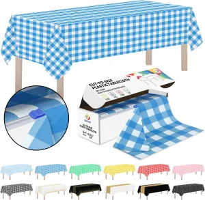 CXPSINC Plastic Table Cover Roll with Slide Cutter, Disposable Tablecloth Roll for Picnic, Party, Banquet, Birthdays, Weddings (Blue Checkered, 54 Inch X 100 Feet)