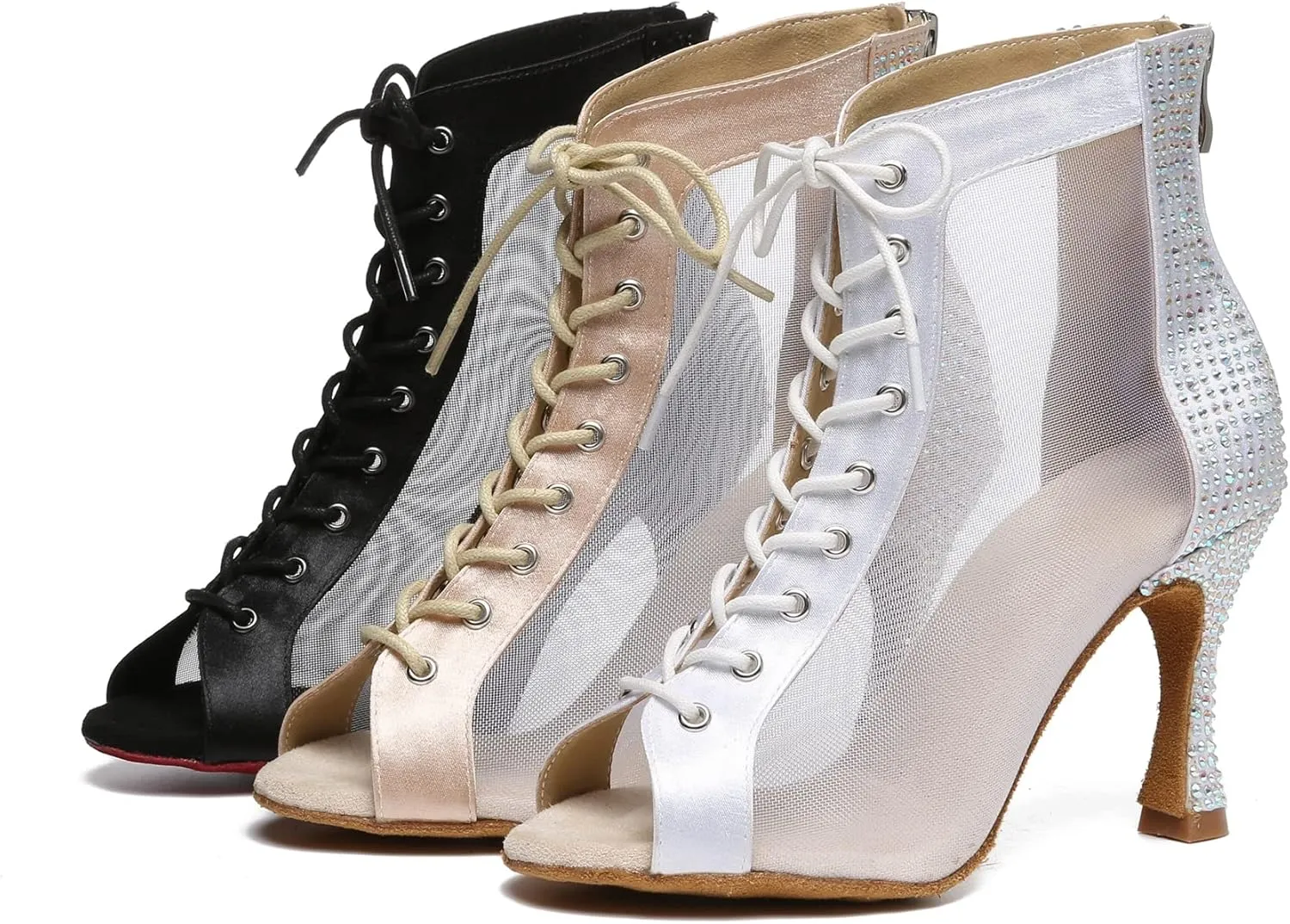 Dance Practice Shoes for Women Mesh Ballroom Sandals Heels Party Prom Ankle Booties with Zip