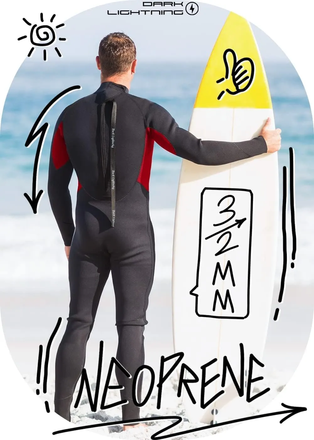 Dark Lightning Wetsuits for Men and Women, Mens/Womens Wet Suit for Cold Water, 3/2mm Wetsuit for Diving Surfing Snorkeling Kayaking Water Sports