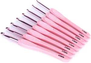 Deryang Crochet Hooks, 8Pcs Children Beginners, Aluminum, Ergonomic, High-Density, Smooth, Pink, 2.5mm-6mm