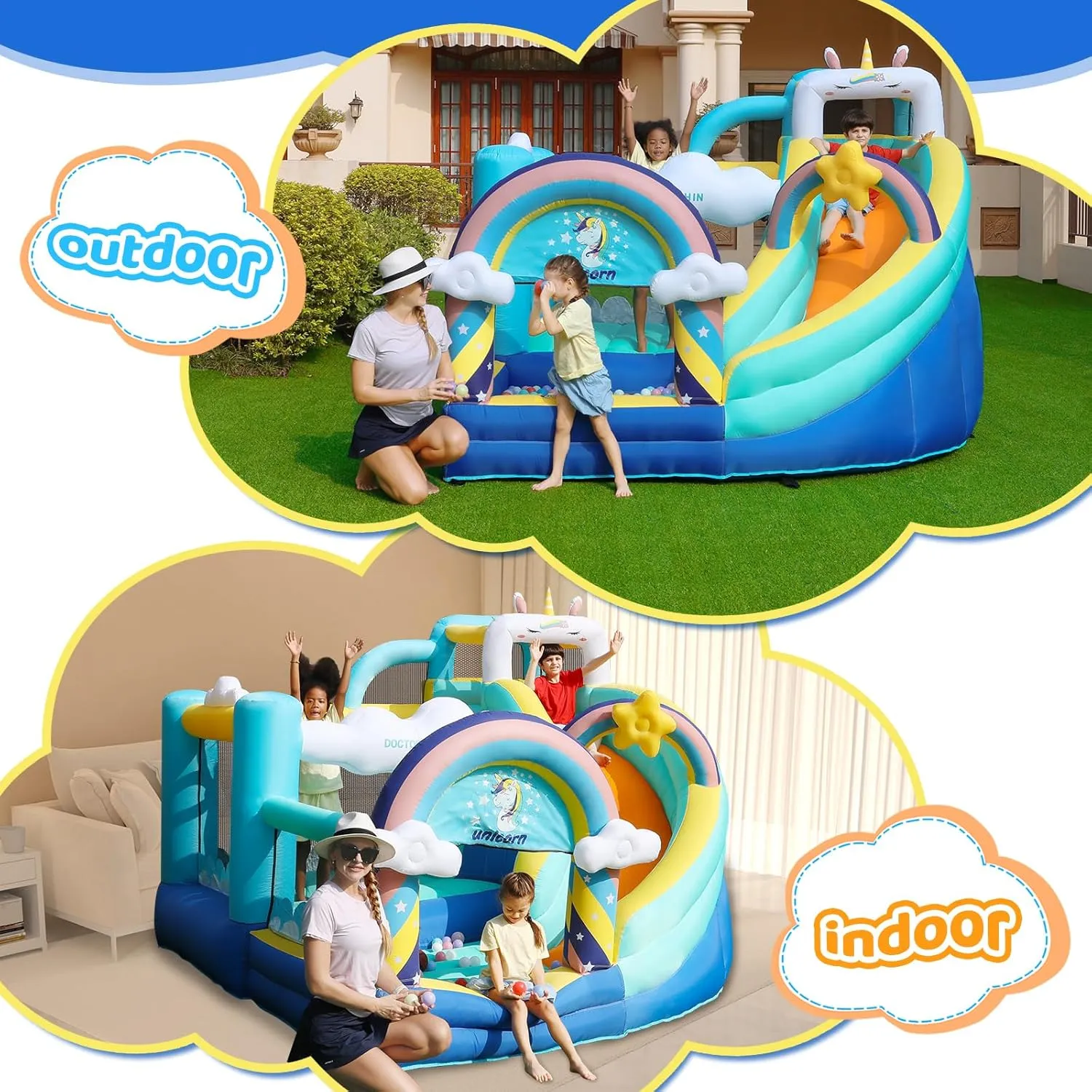 Doctor Dolphin Inflatable Bounce House, Unicorn Bounce House with Slide, Inflatable Bouncy House with Ball Pits, Jump Bouncer for Kids Age 4-8, Bouncing House with Basketball Hoop for Backyard