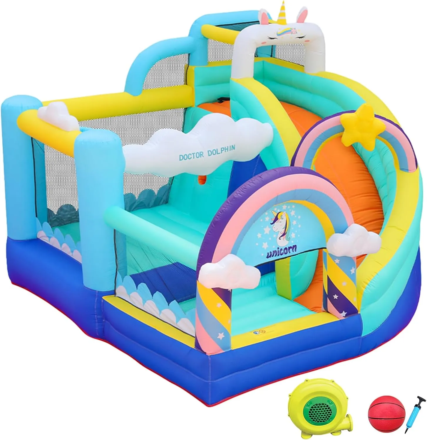 Doctor Dolphin Inflatable Bounce House, Unicorn Bounce House with Slide, Inflatable Bouncy House with Ball Pits, Jump Bouncer for Kids Age 4-8, Bouncing House with Basketball Hoop for Backyard