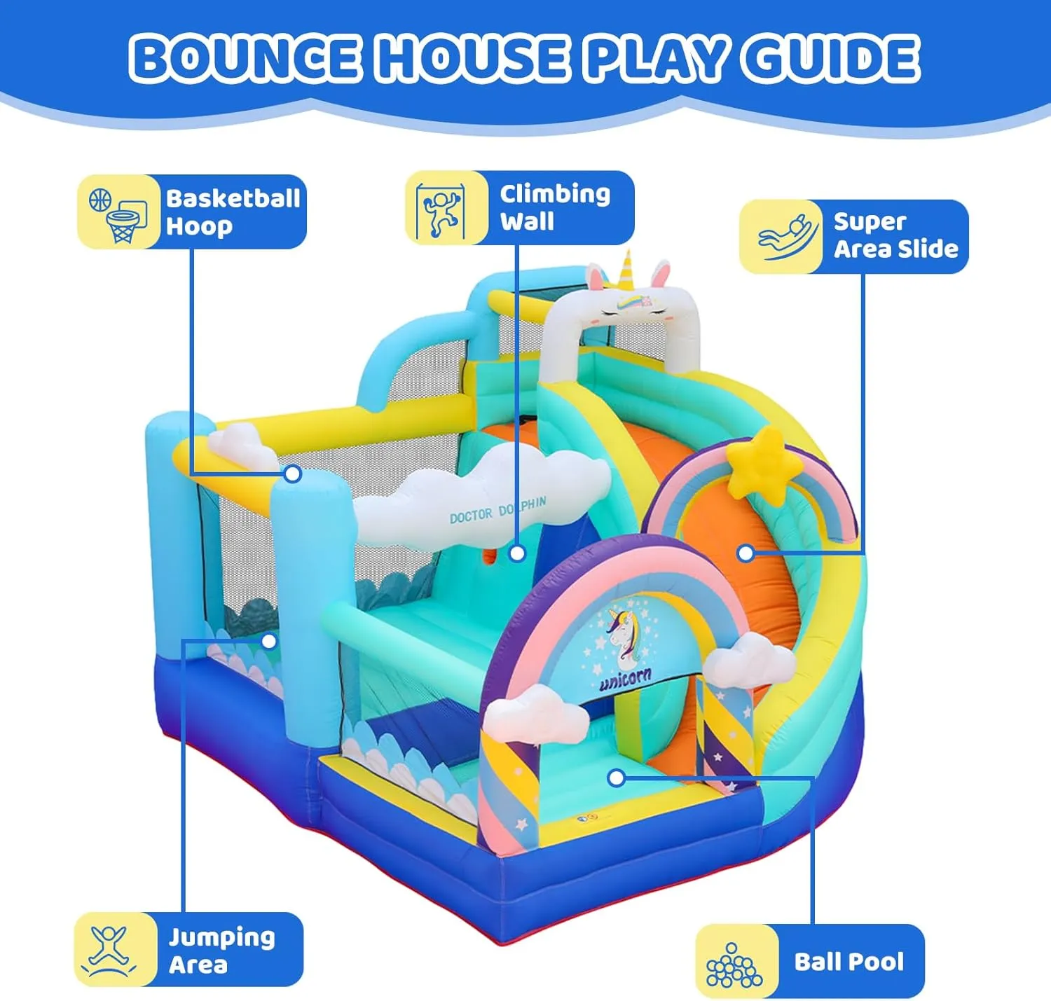 Doctor Dolphin Inflatable Bounce House, Unicorn Bounce House with Slide, Inflatable Bouncy House with Ball Pits, Jump Bouncer for Kids Age 4-8, Bouncing House with Basketball Hoop for Backyard