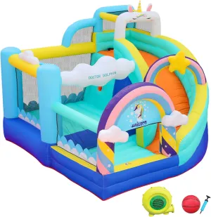 Doctor Dolphin Inflatable Bounce House, Unicorn Bounce House with Slide, Inflatable Bouncy House with Ball Pits, Jump Bouncer for Kids Age 4-8, Bouncing House with Basketball Hoop for Backyard