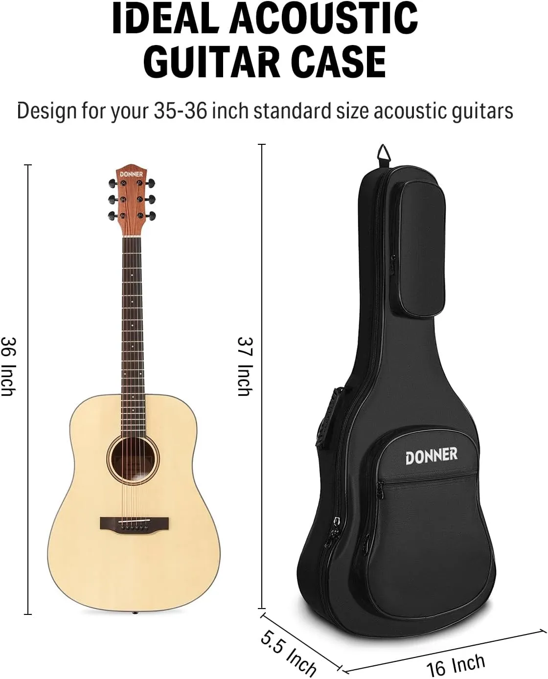Donner 36 Inch Acoustic Guitar Case, 0.4 Inch Thick Padding Sponge 600D Ripstop Waterproof Nylon Soft Guitar Gig Bag with 3 Pockets and Back Hanger Loop, Black