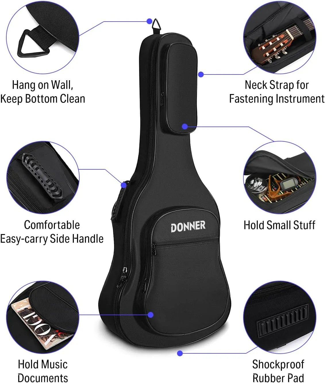 Donner 36 Inch Acoustic Guitar Case, 0.4 Inch Thick Padding Sponge 600D Ripstop Waterproof Nylon Soft Guitar Gig Bag with 3 Pockets and Back Hanger Loop, Black