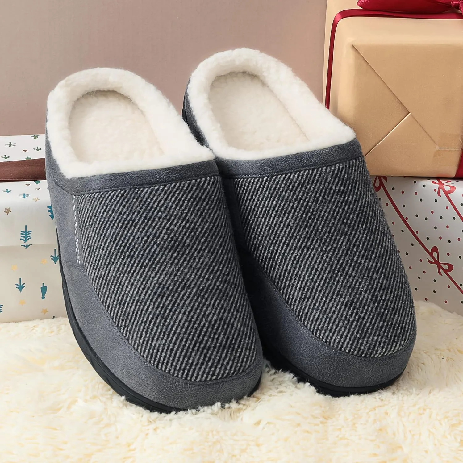 DREAM PAIRS Men's Cozy Memory Foam Slippers with Fuzzy Wool-Like Lining, Slip-on Washable Indoor Outdoor House Shoes