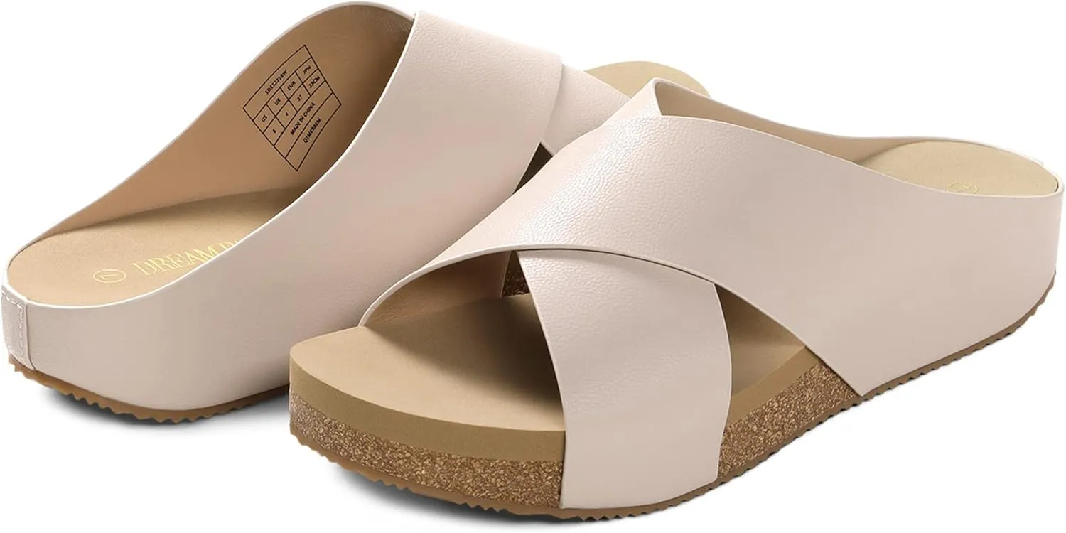 DREAM PAIRS Women's Cork Slide Sandals Slip on Open Toe Cute Platform Criss Cross Flat Sandals for Summer