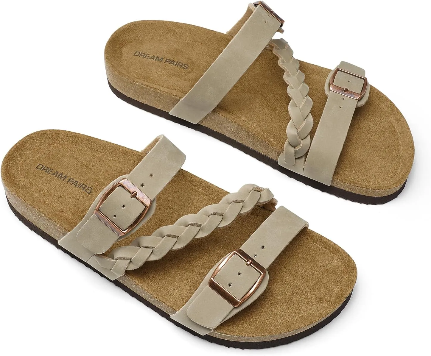 DREAM PAIRS Women's Slides Soft Cork Footbed Sandals Comfortable Walking Slip-on Flat Sandals Arch Support Adjustable Buckle Braided Straps Slippers