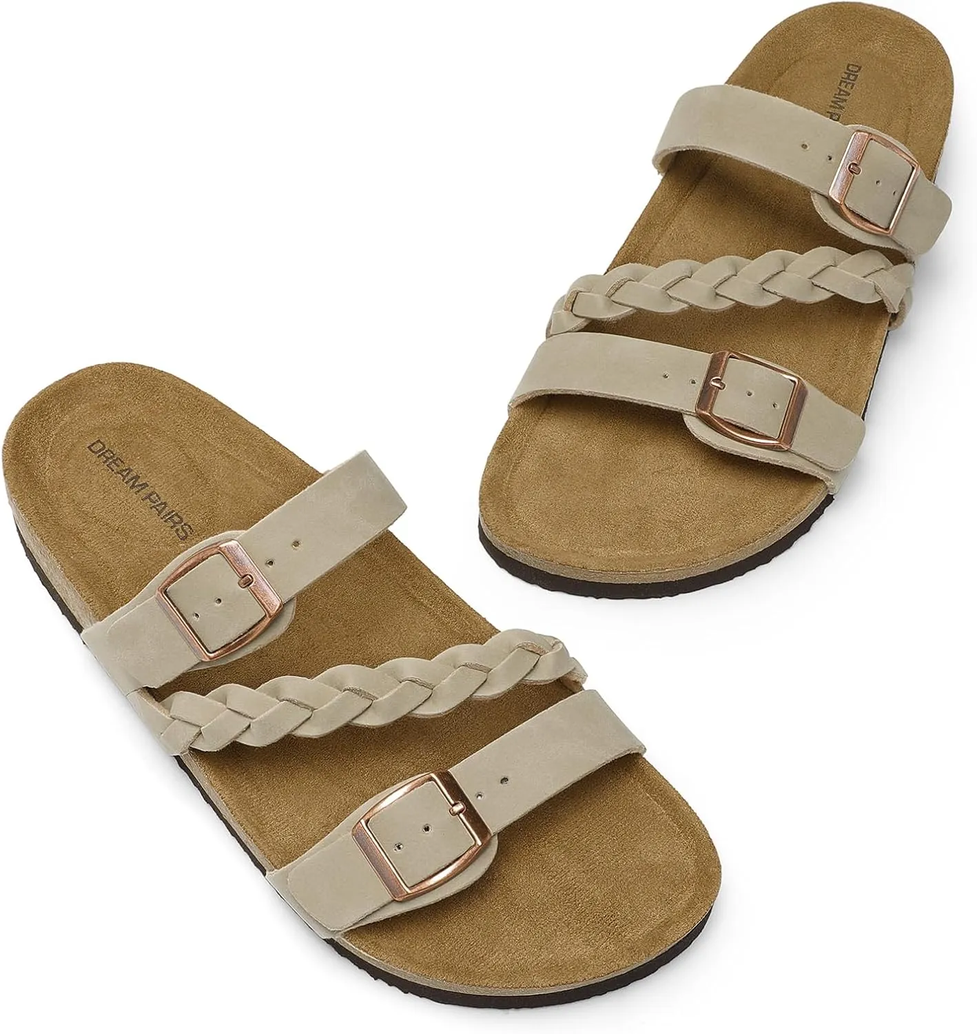 DREAM PAIRS Women's Slides Soft Cork Footbed Sandals Comfortable Walking Slip-on Flat Sandals Arch Support Adjustable Buckle Braided Straps Slippers
