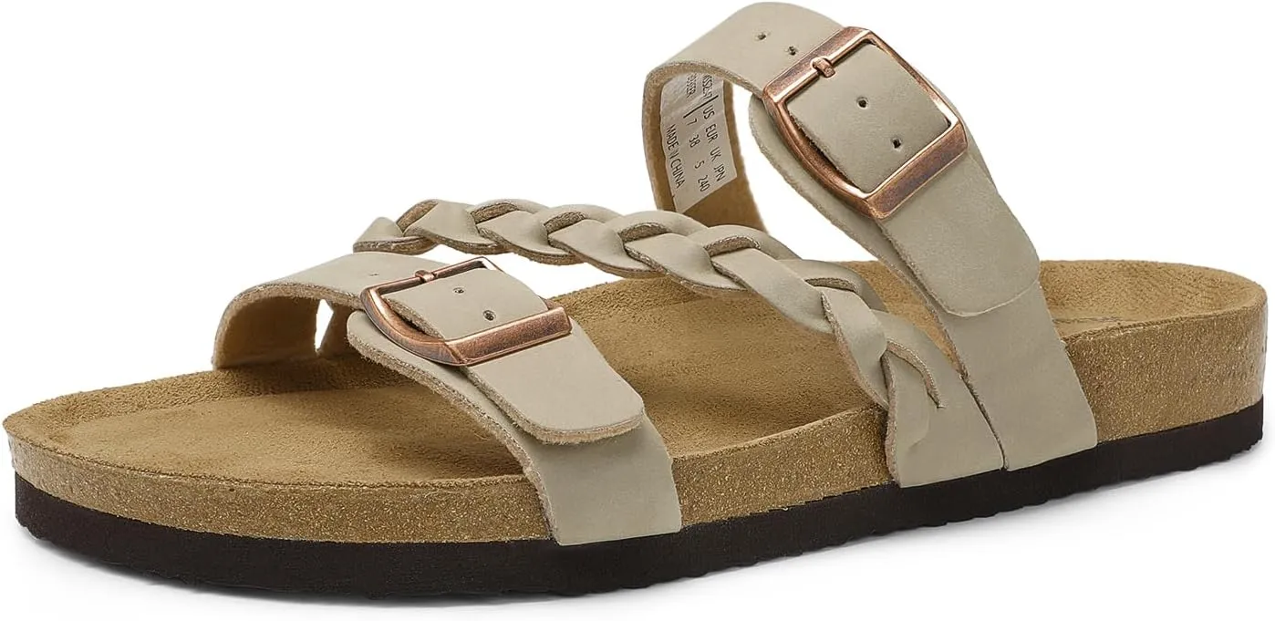 DREAM PAIRS Women's Slides Soft Cork Footbed Sandals Comfortable Walking Slip-on Flat Sandals Arch Support Adjustable Buckle Braided Straps Slippers