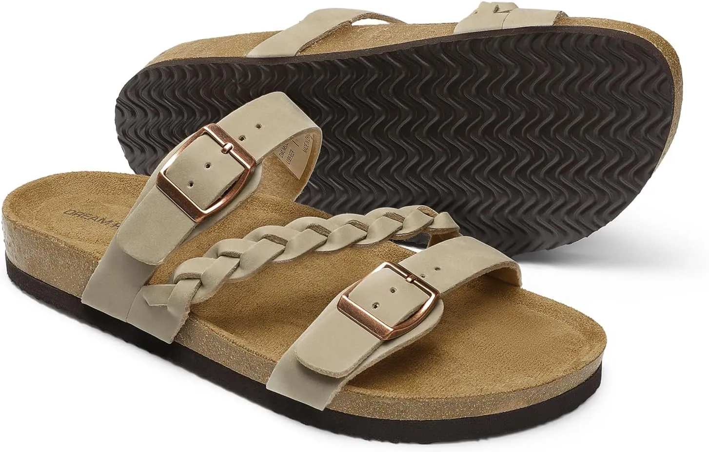 DREAM PAIRS Women's Slides Soft Cork Footbed Sandals Comfortable Walking Slip-on Flat Sandals Arch Support Adjustable Buckle Braided Straps Slippers
