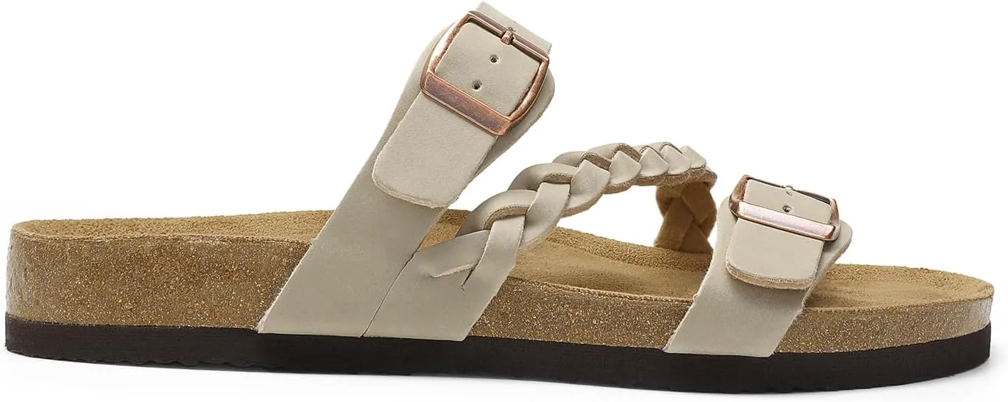 DREAM PAIRS Women's Slides Soft Cork Footbed Sandals Comfortable Walking Slip-on Flat Sandals Arch Support Adjustable Buckle Braided Straps Slippers