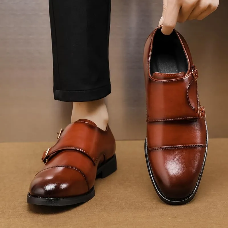 Dress Formal Shoes for Men Slip On Round Burnished Toe PU Leather Double Monk Strap Cap Toe Rubber Sole Block Heel Low Top Non Slip Walking