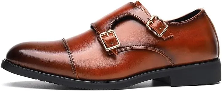 Dress Formal Shoes for Men Slip On Round Burnished Toe PU Leather Double Monk Strap Cap Toe Rubber Sole Block Heel Low Top Non Slip Walking