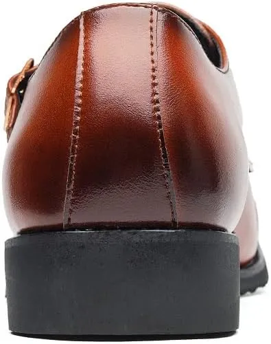 Dress Formal Shoes for Men Slip On Round Burnished Toe PU Leather Double Monk Strap Cap Toe Rubber Sole Block Heel Low Top Non Slip Walking