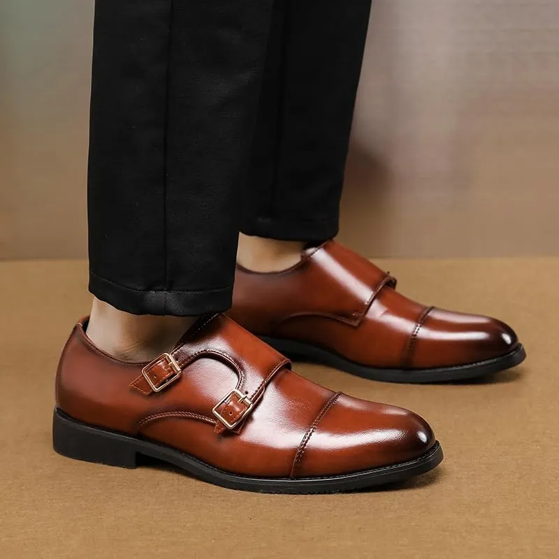 Dress Formal Shoes for Men Slip On Round Burnished Toe PU Leather Double Monk Strap Cap Toe Rubber Sole Block Heel Low Top Non Slip Walking