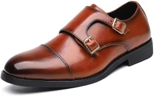Dress Formal Shoes for Men Slip On Round Burnished Toe PU Leather Double Monk Strap Cap Toe Rubber Sole Block Heel Low Top Non Slip Walking
