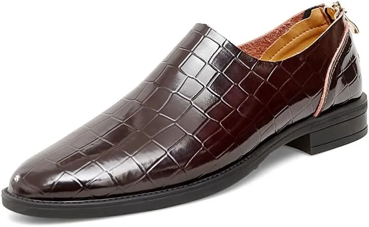 Dress Oxford for Men Slip On Round Toe PU Leather Block Pattern with Zipper Block Heel Resistant Non Slip Outdoor