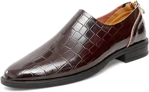Dress Oxford for Men Slip On Round Toe PU Leather Block Pattern with Zipper Block Heel Resistant Non Slip Outdoor
