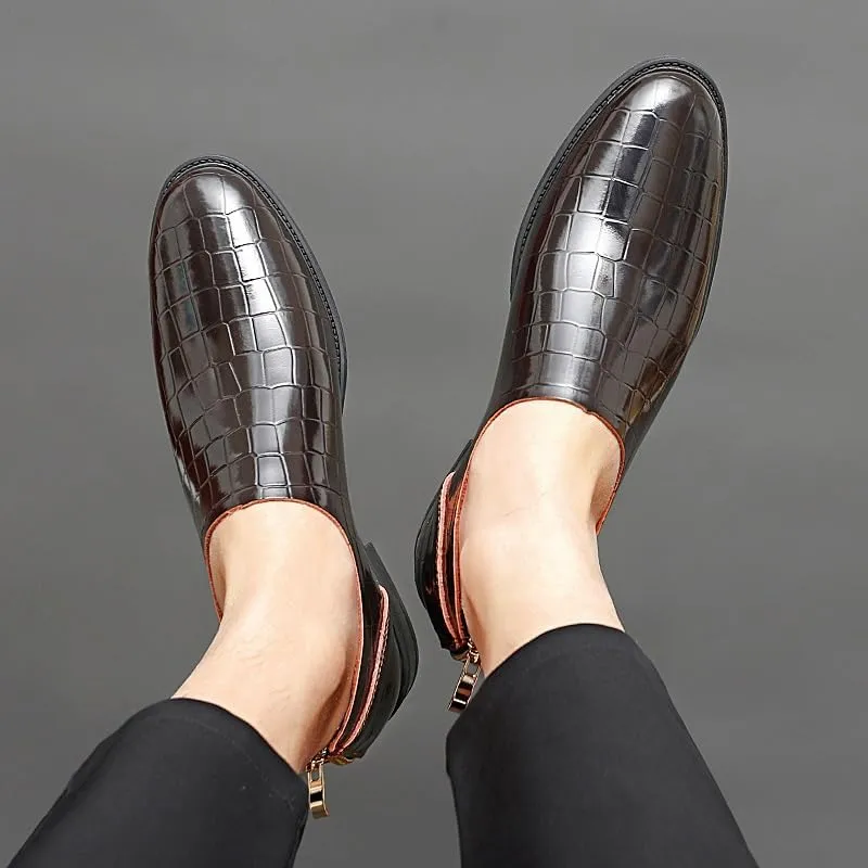 Dress Oxford for Men Slip On Round Toe PU Leather Block Pattern with Zipper Block Heel Resistant Non Slip Outdoor