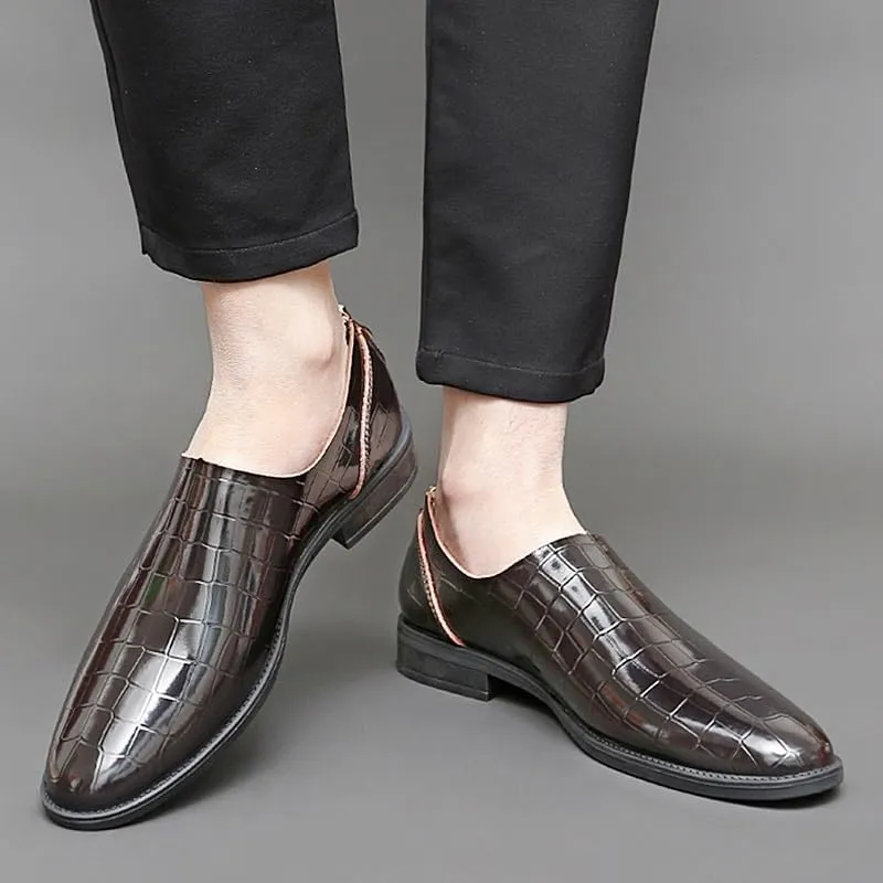 Dress Oxford for Men Slip On Round Toe PU Leather Block Pattern with Zipper Block Heel Resistant Non Slip Outdoor