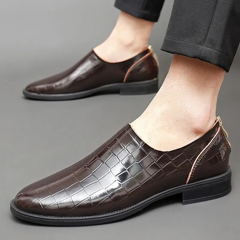 Dress Oxford for Men Slip On Round Toe PU Leather Block Pattern with Zipper Block Heel Resistant Non Slip Outdoor